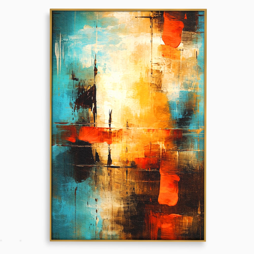 Tablou canvas cu pictura abstracta cu portocaliu si albastru, in rama de aluminiu auriu